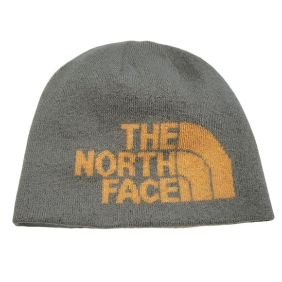 The North Face Other - The North Face Beanie Hat Wool Blend Orange Grey Knit Logo Spell Out Winter Cap